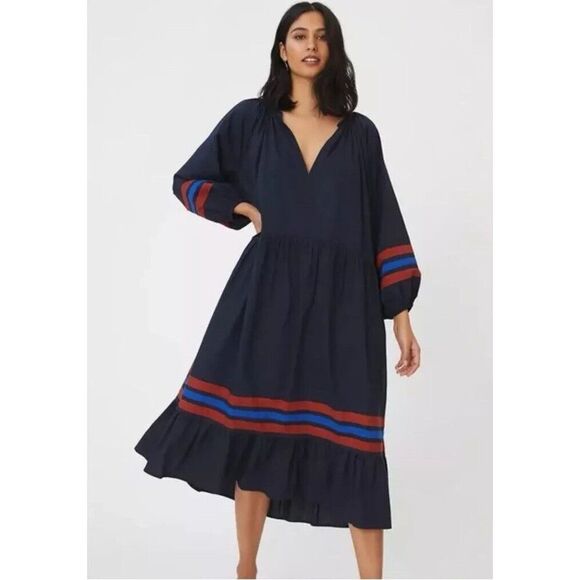 Anthropologie Sundry‎ Varsity Stripe Midi Dress Navy Blue Cotton Size 0/XS - Picture 2 of 9